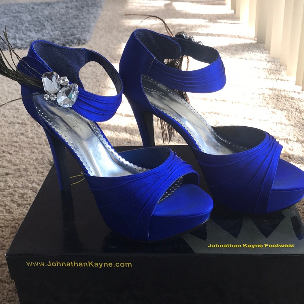 Satin blue heels with peacock feather